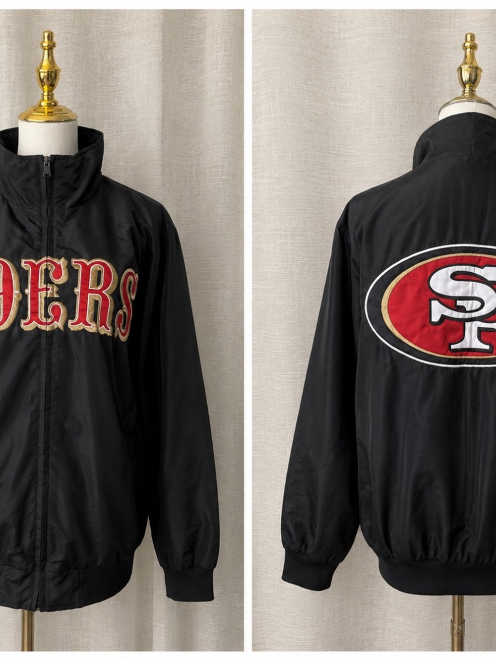 Vintage NFL Black Windbreaker with Red and Gold 49ers Logos